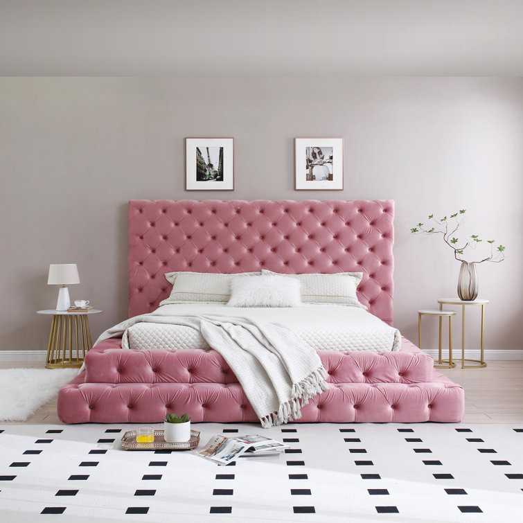 Pink velvet store tufted bed